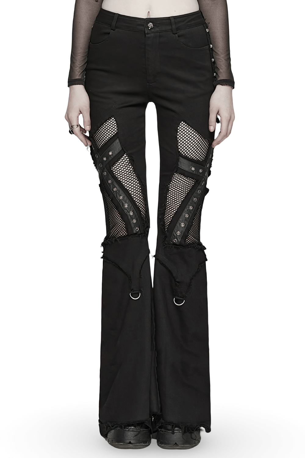 Stylish black destroyed punk cross-flare jeans featuring mesh panels and metal details for an edgy look.