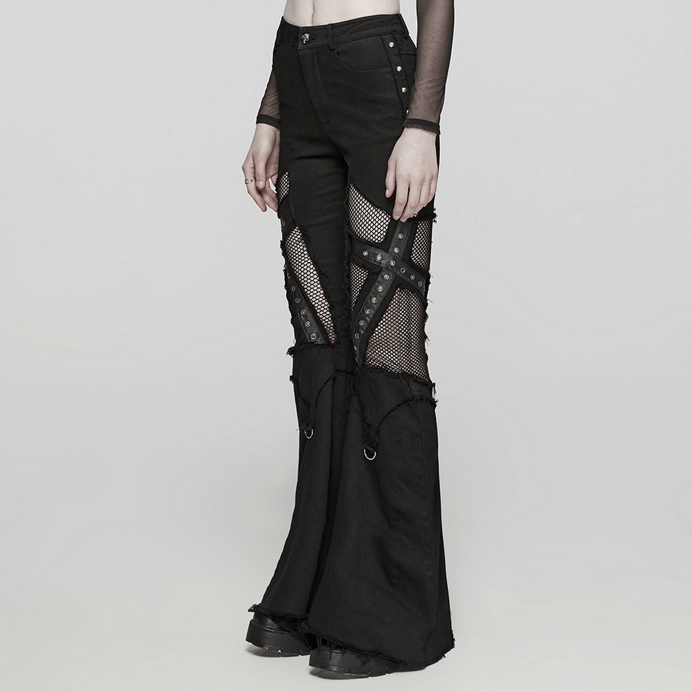 Edgy black destroyed punk cross flare jeans with mesh and metal details, perfect for a rebellious look.