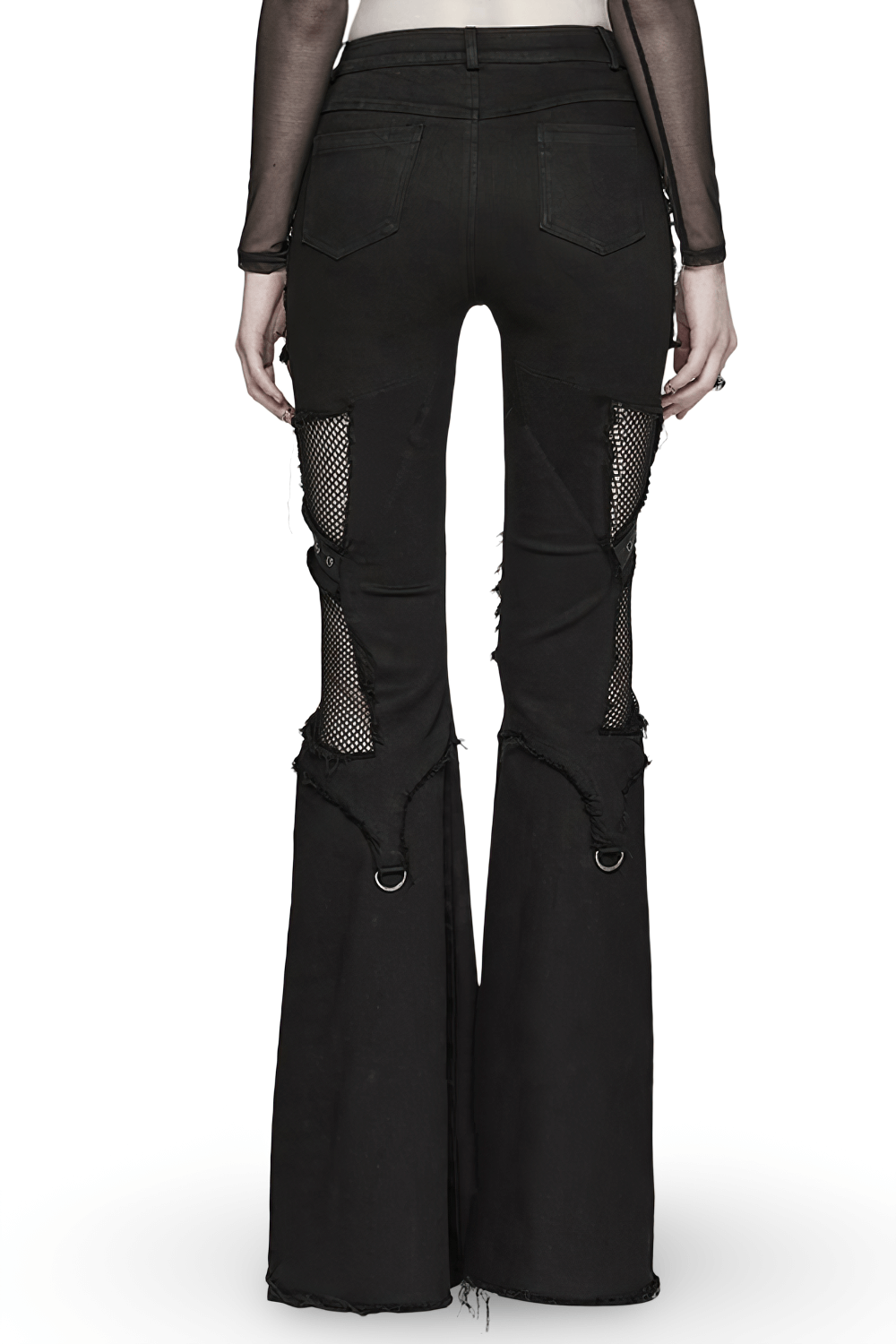 Stylish black destroyed punk cross flare jeans featuring mesh panels and frayed edges for an edgy look.
