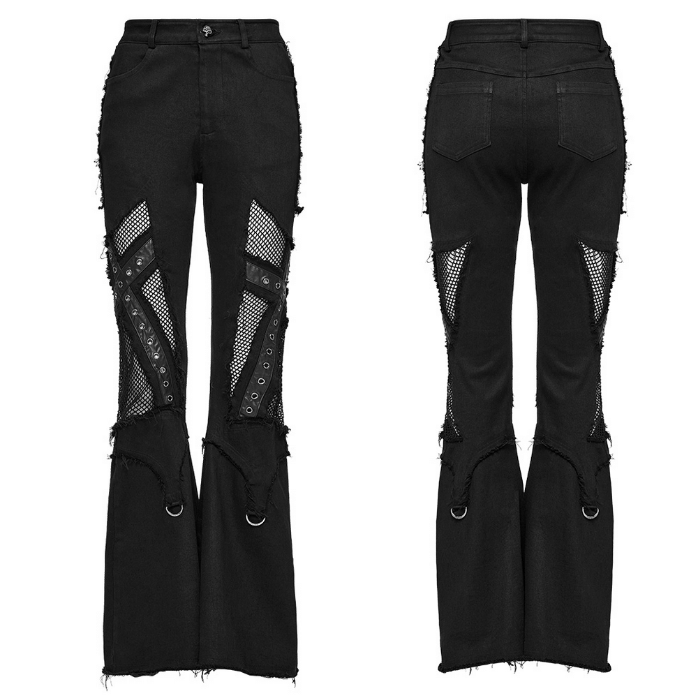 Stylish black destroyed punk cross flare jeans with mesh panels and metal details, perfect for an edgy look.