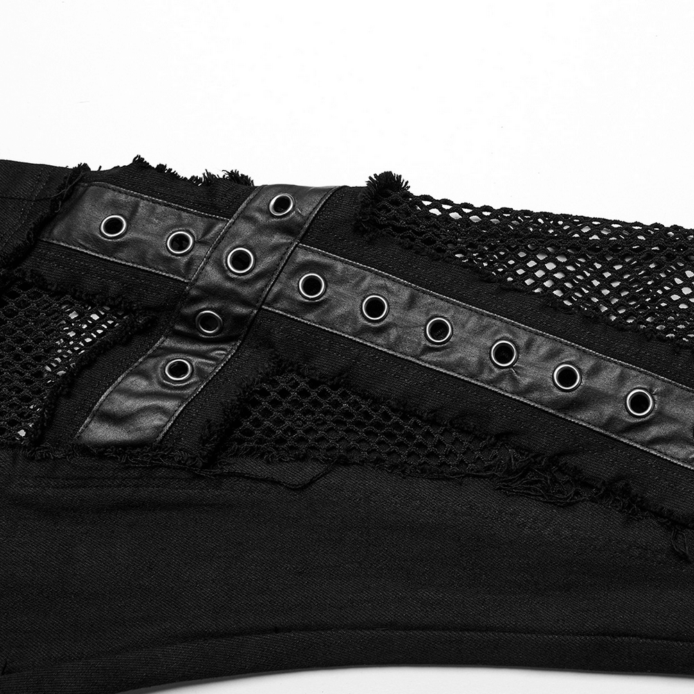 Close-up of black destroyed punk cross flare jeans featuring mesh and metal details for an edgy style.