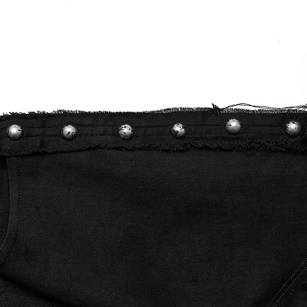 Stylish black destroyed punk jeans with silver metal studs and frayed edges for an edgy, rebellious look.