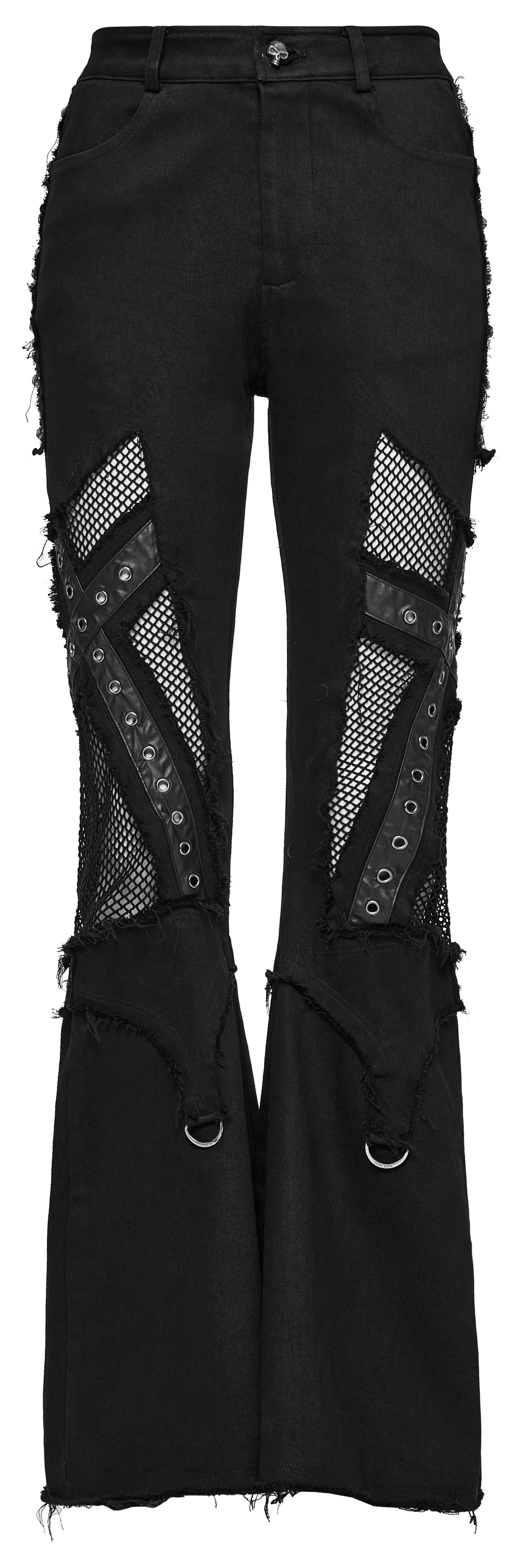 Stylish black destroyed punk cross flare jeans with edgy mesh and metal details for a rebellious look.