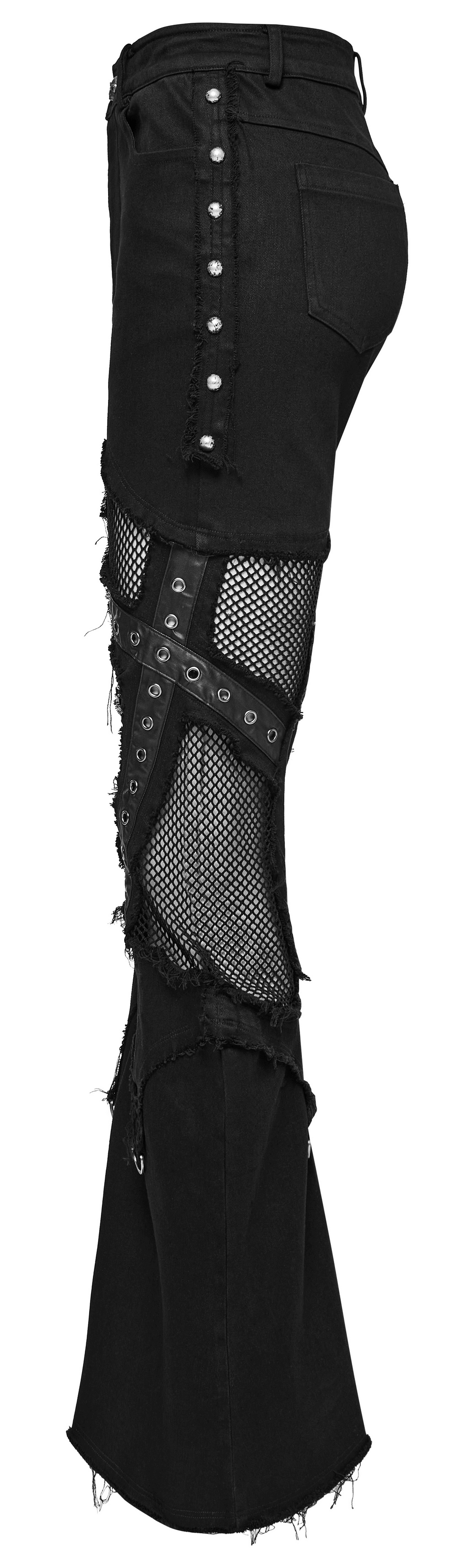 Stylish black destroyed punk cross flare jeans with frayed details and mesh accents for a rebellious vibe.