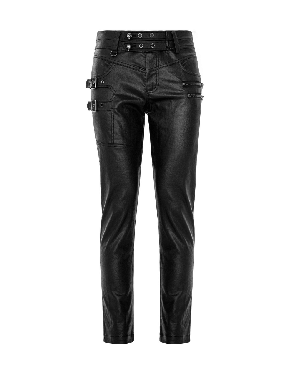Stylish black faux leather punk pants with buckle accents and zipper pockets for a sleek rockstar look.