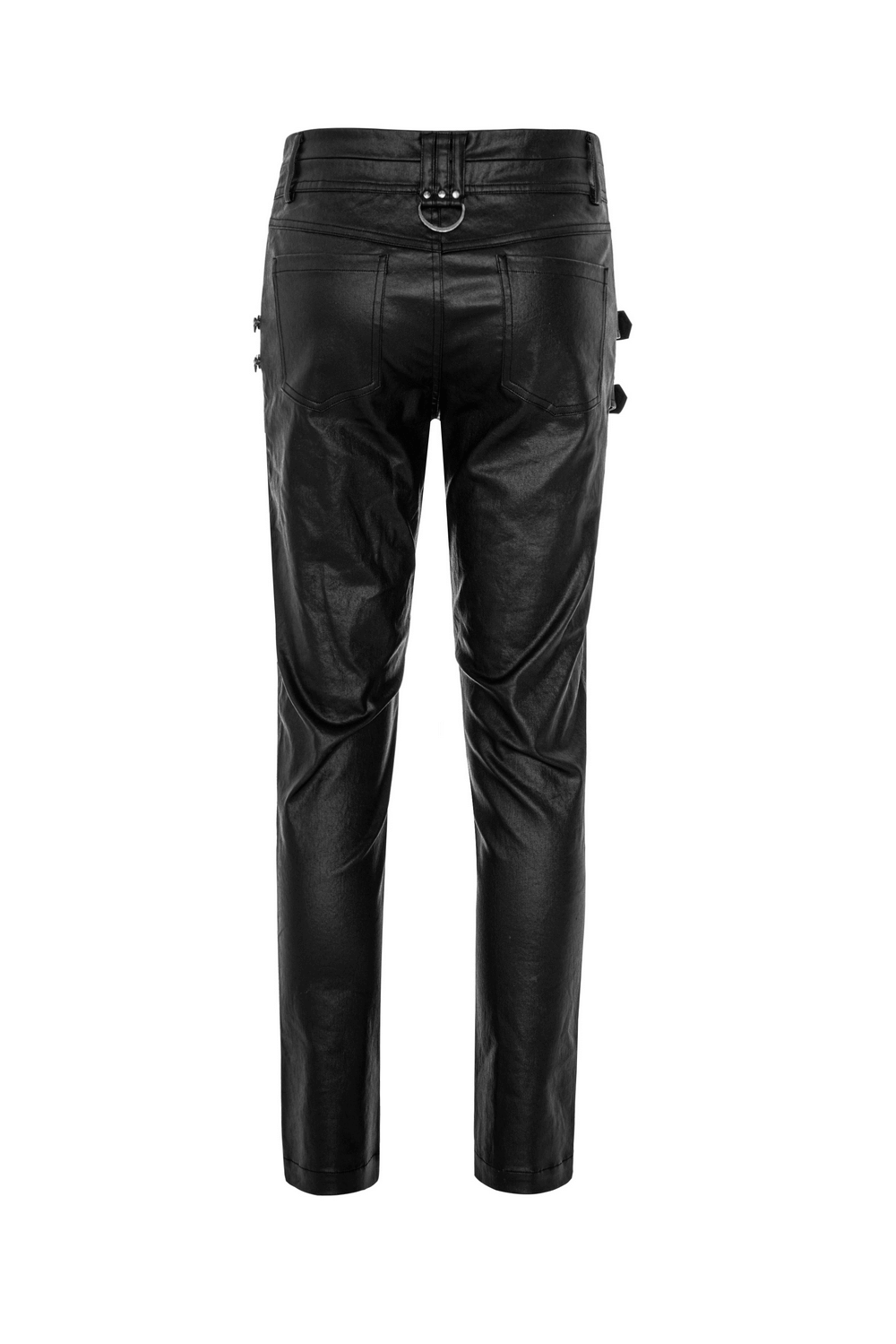 Fashionable back view of stylish black faux leather punk pants with buckle and zipper details.