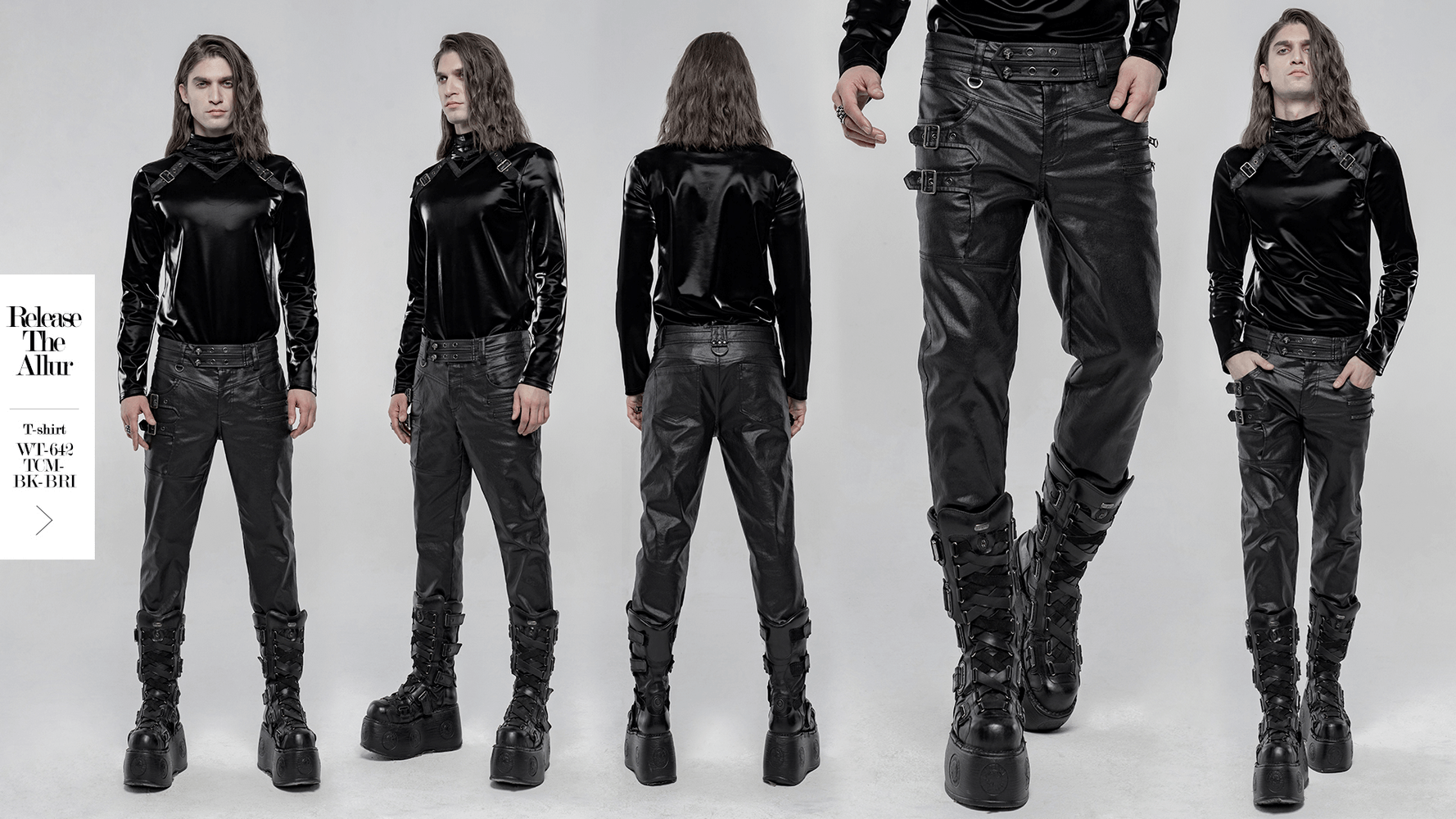 Stylish black faux leather punk pants with buckles and zippers, perfect for edgy rockstar looks.