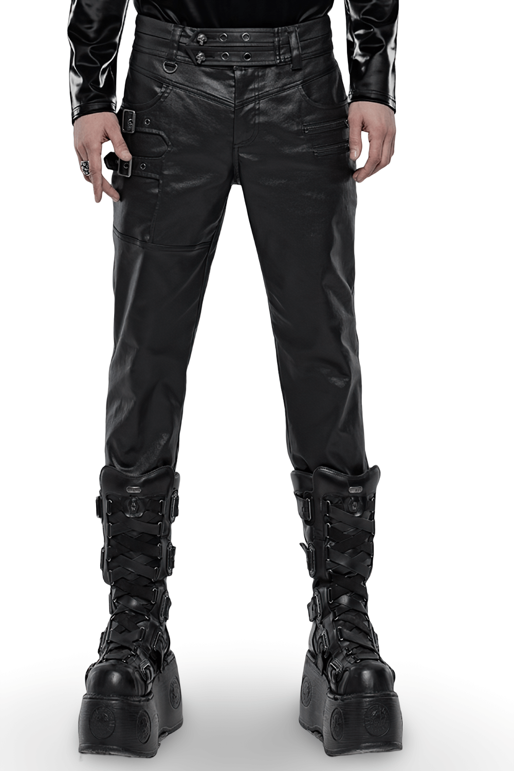 Stylish black faux leather punk pants with buckles and zippers, perfect for a rocker look.