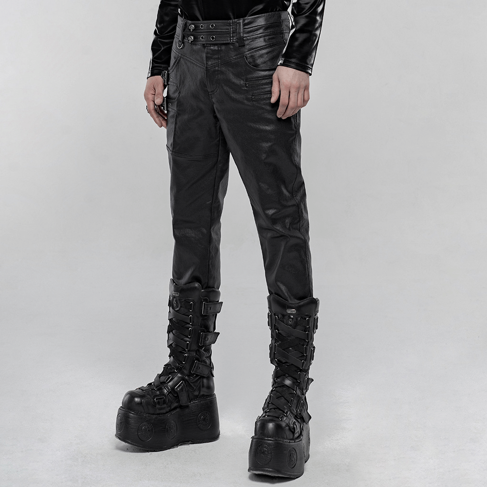 Stylish Black Faux Leather Punk Pants with Buckles