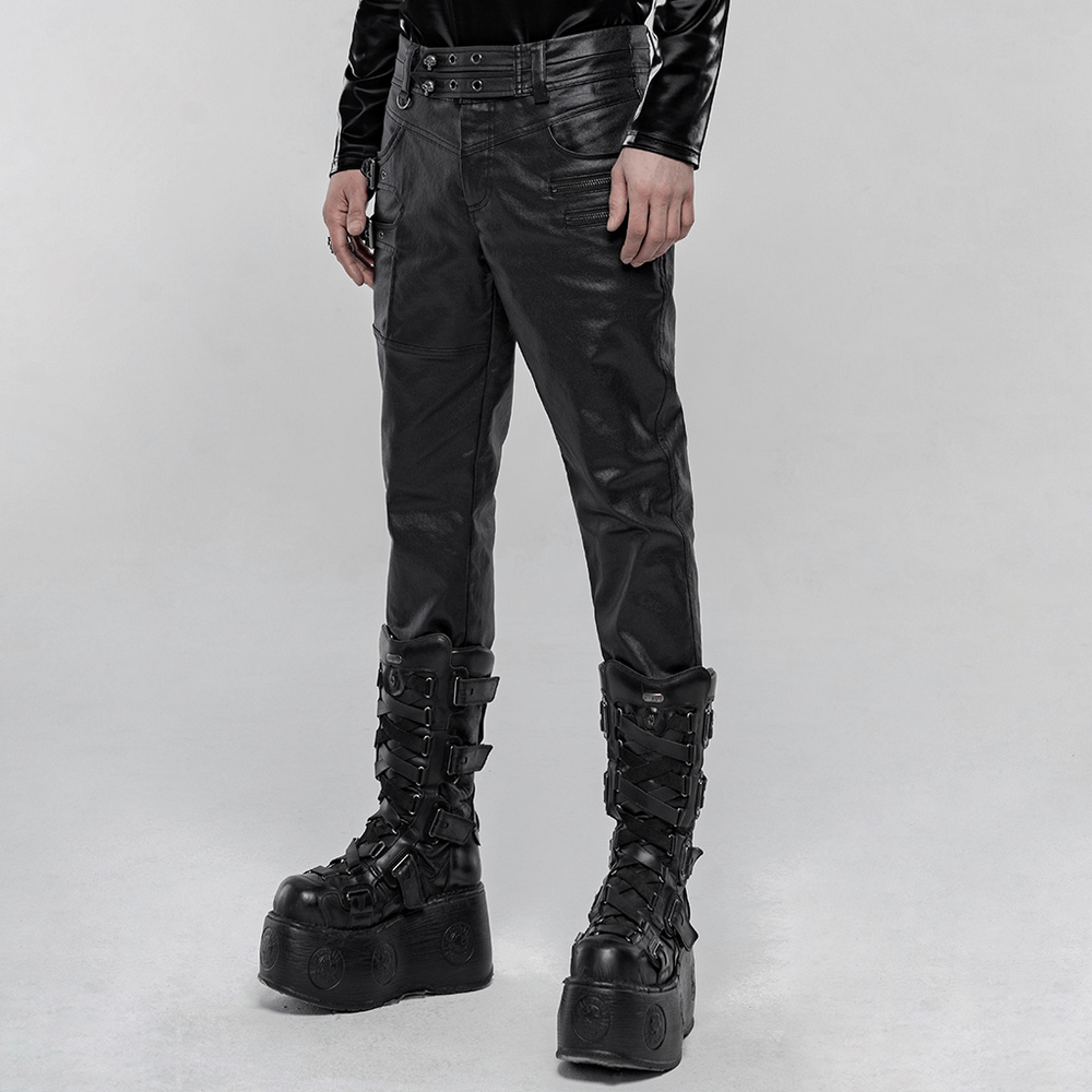 Stylish black faux leather punk pants with buckles and decorative zippers, paired with edgy platform boots.