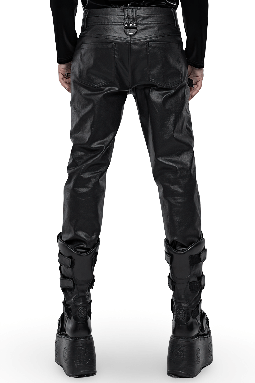 Back view of stylish black faux leather punk pants with buckles and decorative zippers.