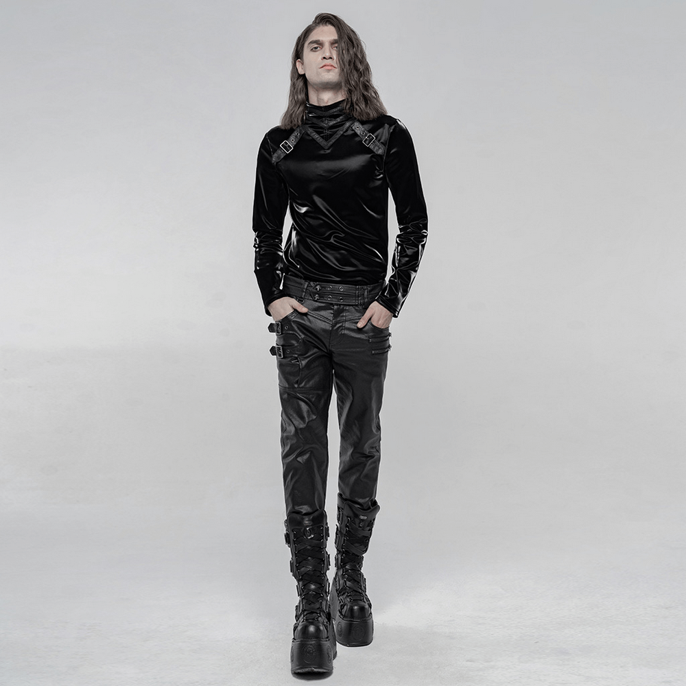 Stylish Black Faux Leather Punk Pants with Buckles