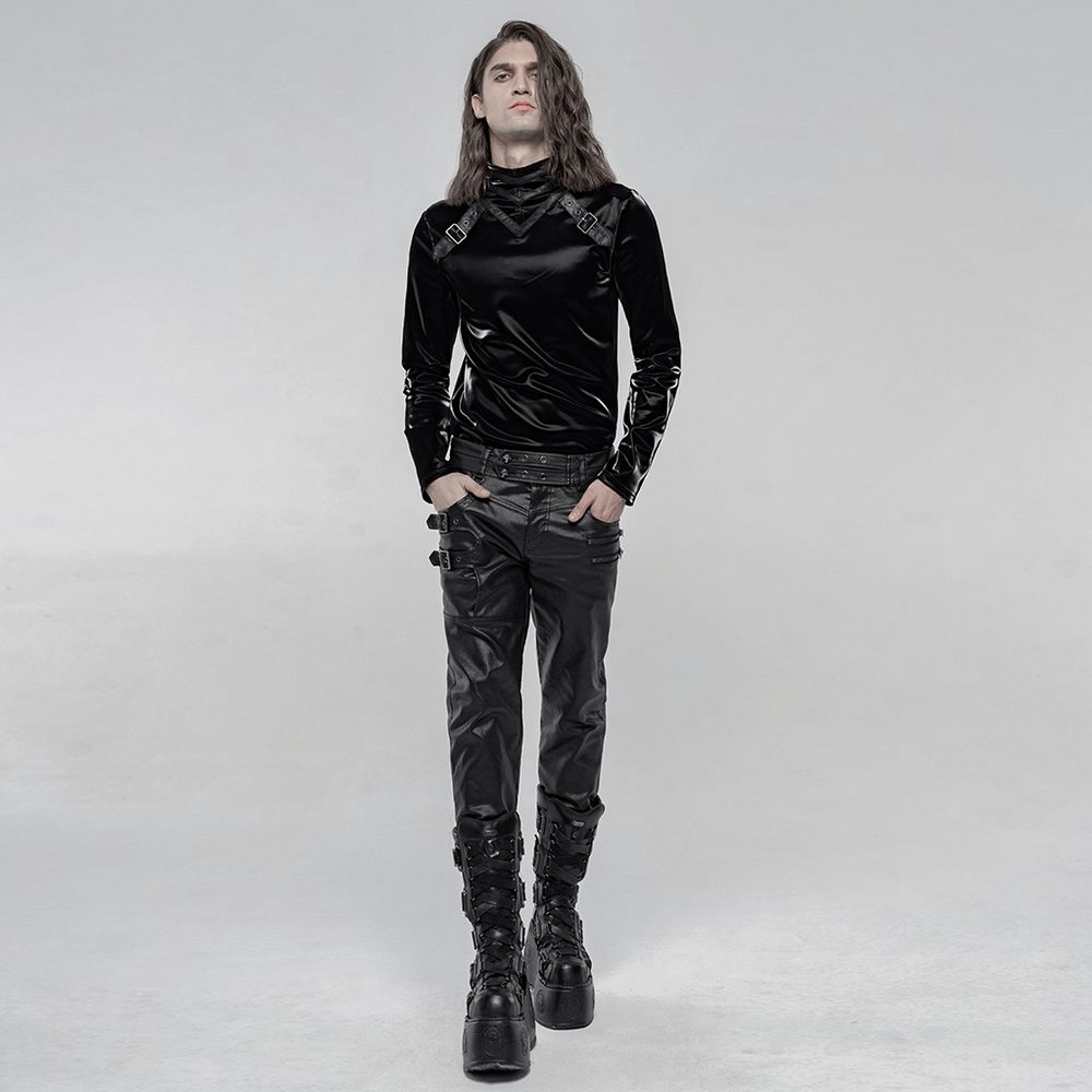Stylish black faux leather punk pants with buckles and a sleek black top, perfect for edgy fashion lovers.