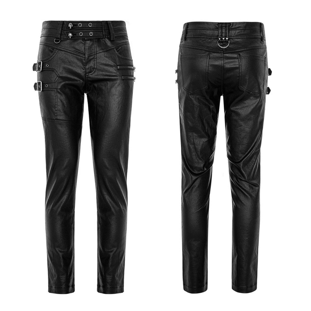 Stylish black faux leather punk pants with buckles and zippers, perfect for a rockstar look.