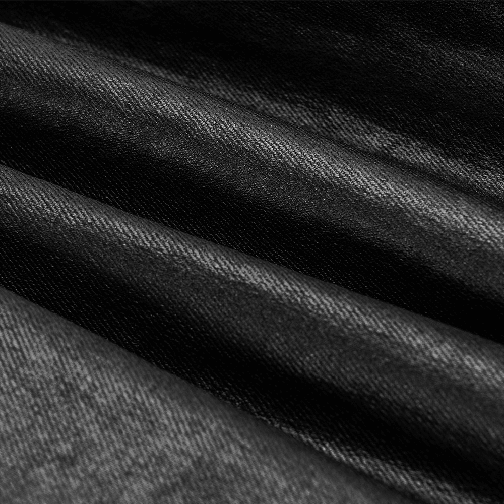 Close-up of luxurious black faux leather fabric, perfect for stylish punk pants with a sleek finish.