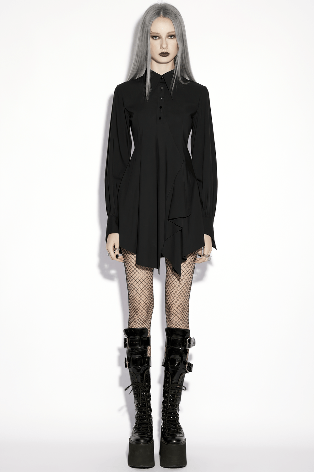 Alt Tag: Stylish Black Gothic Asymmetrical Punk Shirt-Dress with swallow-tail sleeves, pointed collar, metal buttons, and wave hem on model