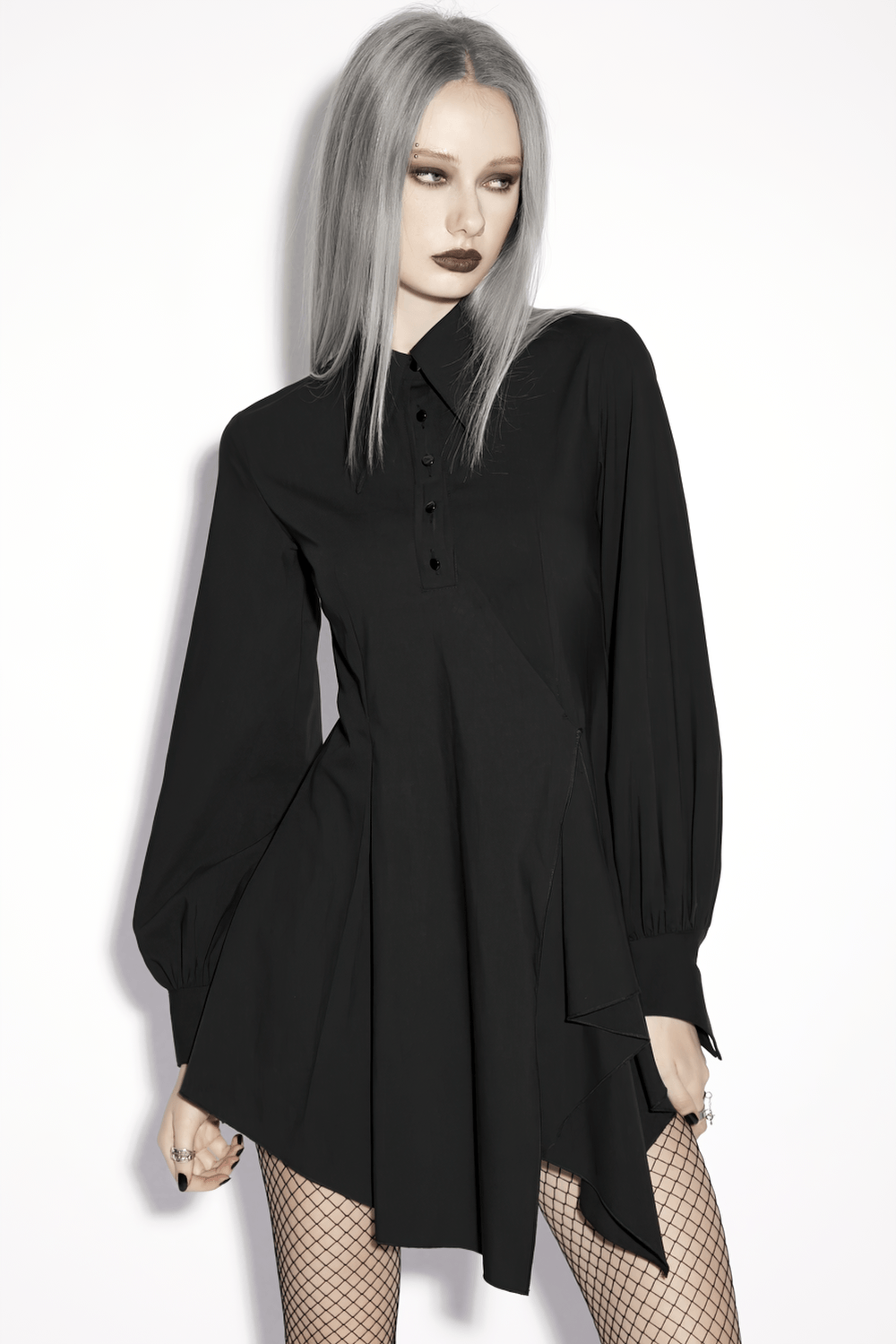 Stylish Black Gothic Asymmetrical Punk Shirt-Dress with long pointed collar, metal buttons, swallow-tail sleeves and asymmetrical hem