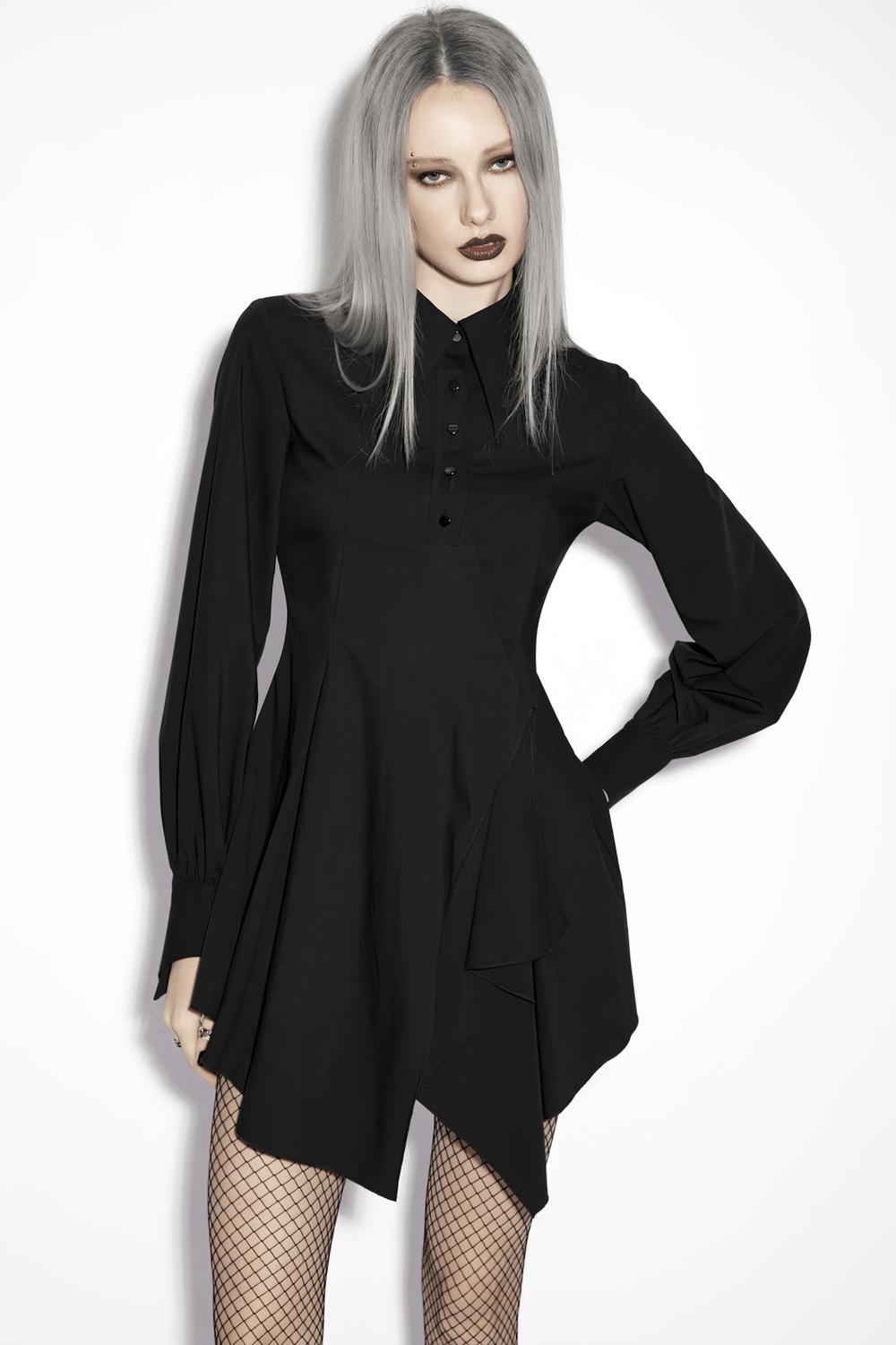 Alt Tag: Stylish Black Gothic Asymmetrical Punk Shirt-Dress with swallow-tail sleeves, pointed collar, metal buttons, and asymmetrical wave skirt