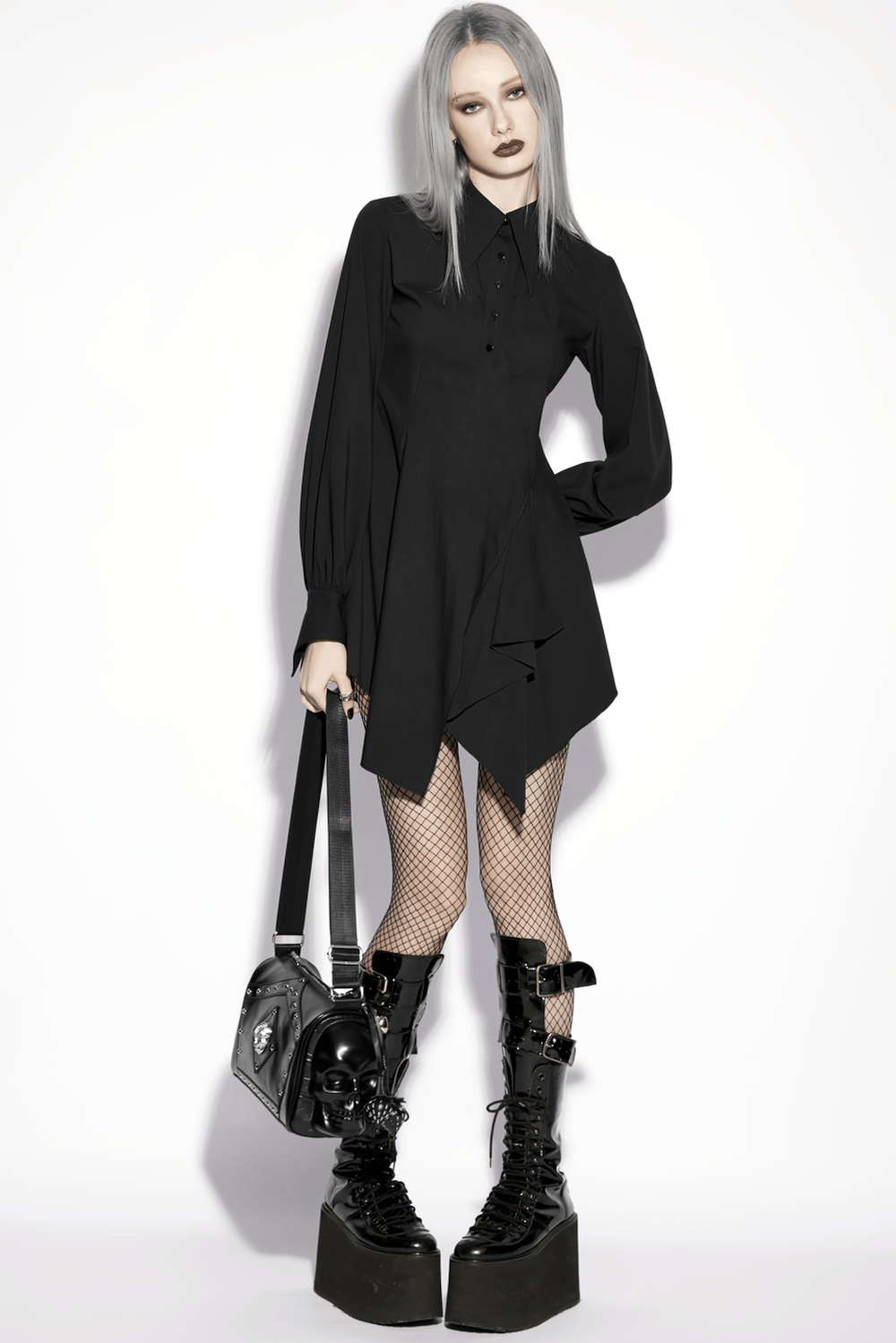 Alt Tag: Stylish Black Gothic Asymmetrical Punk Shirt-Dress with swallow-tail sleeves, pointed collar, metal buttons, wave hem—concert-ready drama