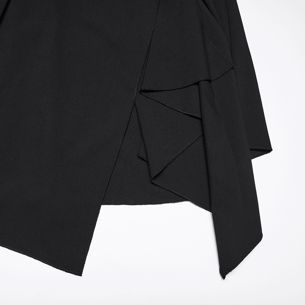 Alt Tag: Stylish Black Gothic Asymmetrical Punk Shirt-Dress close-up of asymmetrical wave hem and swallow-tail sleeve detail in black woven fabric