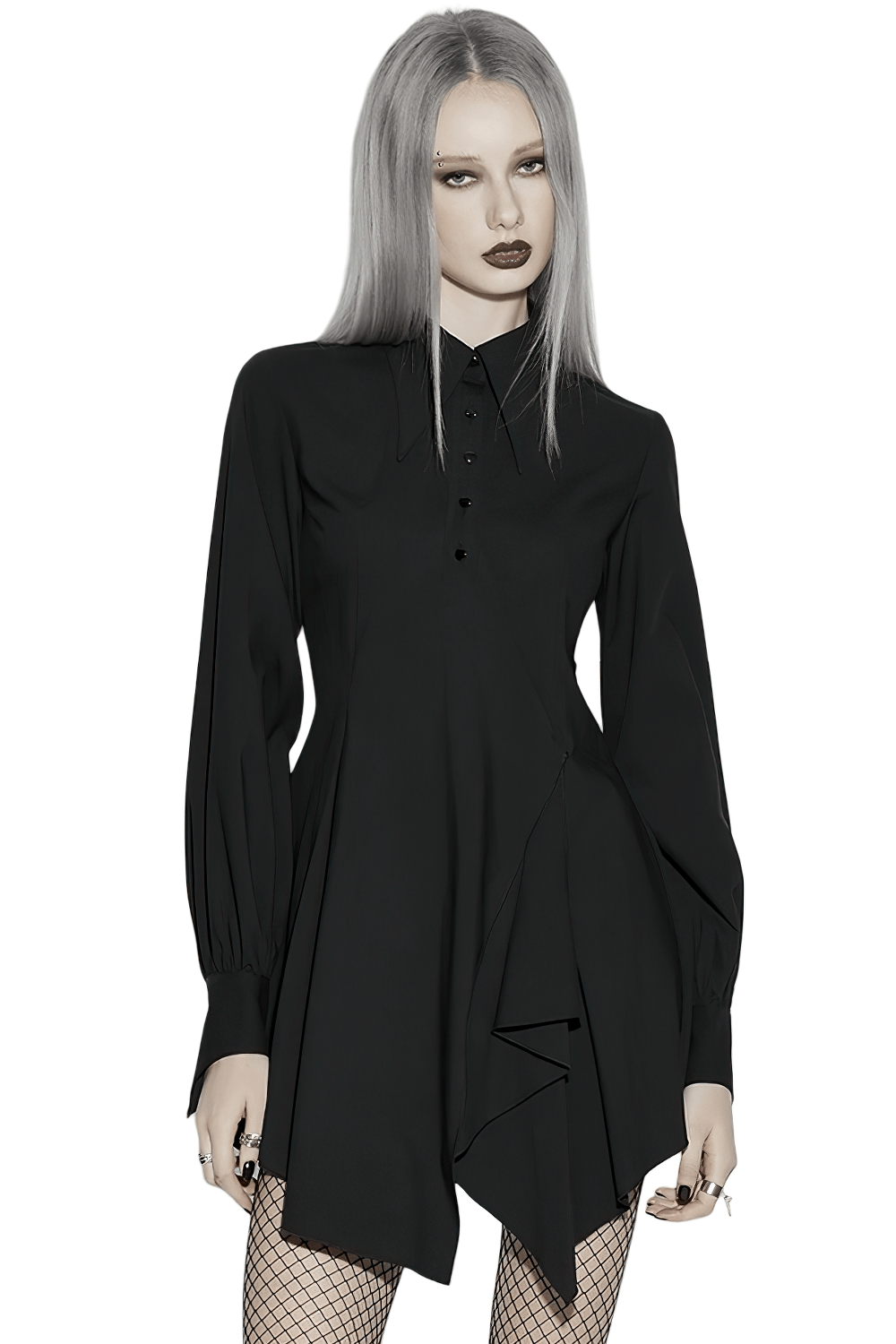 Alt Tag: Stylish Black Gothic Asymmetrical Punk Shirt-Dress on model, long pointed collar, metal buttons, swallow-tail sleeves, wave hem