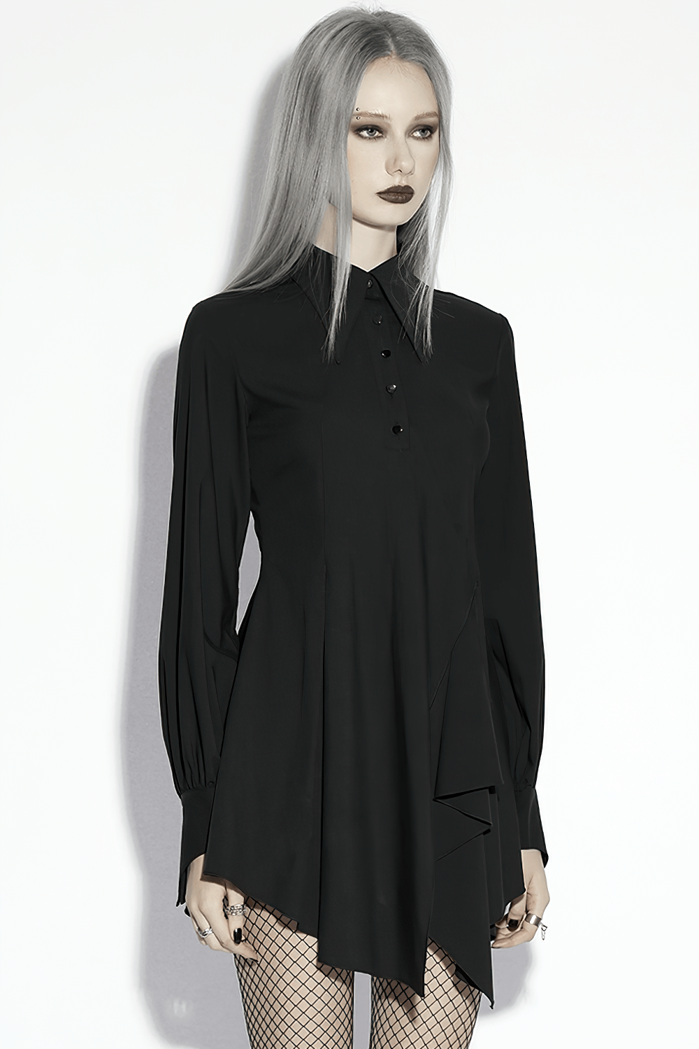 Alt Tag: Stylish Black Gothic Asymmetrical Punk Shirt-Dress with pointed collar, metal buttons, swallow-tail sleeves and asymmetrical wave skirt