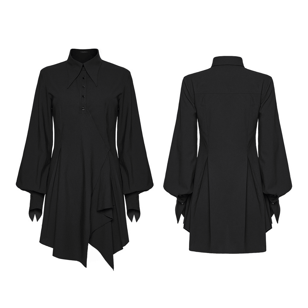 Alt Tag: Stylish Black Gothic Asymmetrical Punk Shirt-Dress front and back view, black woven shirt dress with pointed collar, metal buttons, swallow-tail sleeves