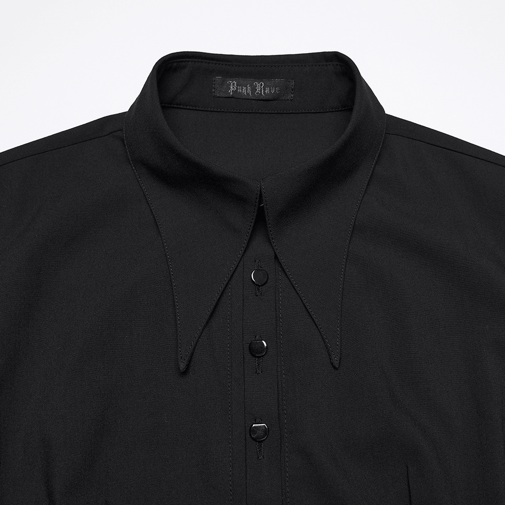 Alt Tag: Stylish Black Gothic Asymmetrical Punk Shirt-Dress close-up of pointed collar and textured metal buttons on black woven fabric