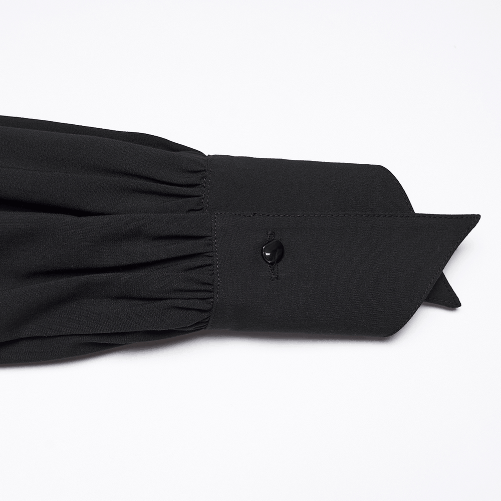 Alt Tag: Stylish Black Gothic Asymmetrical Punk Shirt-Dress swallow-tail sleeve cuff detail with pointed tip and button