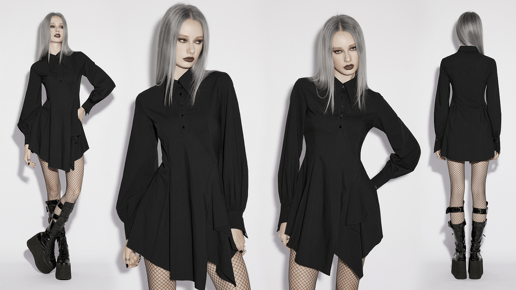 Alt Tag: Stylish Black Gothic Asymmetrical Punk Shirt-Dress with swallow-tail sleeves, pointed collar, metal buttons and asymmetrical wave skirt