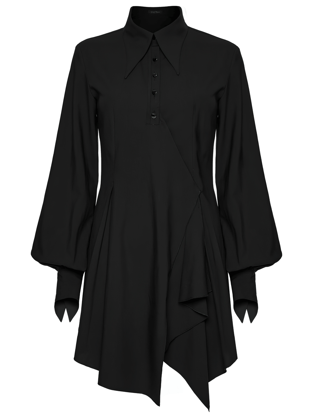 Alt Tag: Stylish Black Gothic Asymmetrical Punk Shirt-Dress with pointed collar, metal buttons, swallow-tail sleeves, and asymmetrical wave skirt