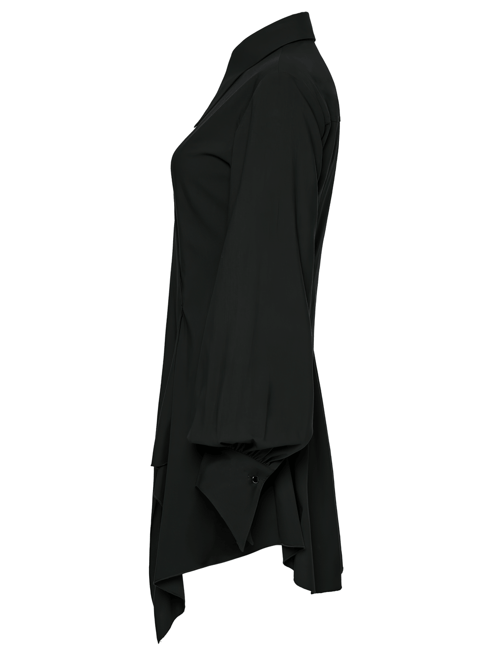 Alt Tag: Stylish Black Gothic Asymmetrical Punk Shirt-Dress side view with pointed collar, swallow-tail sleeves, and asymmetrical hem