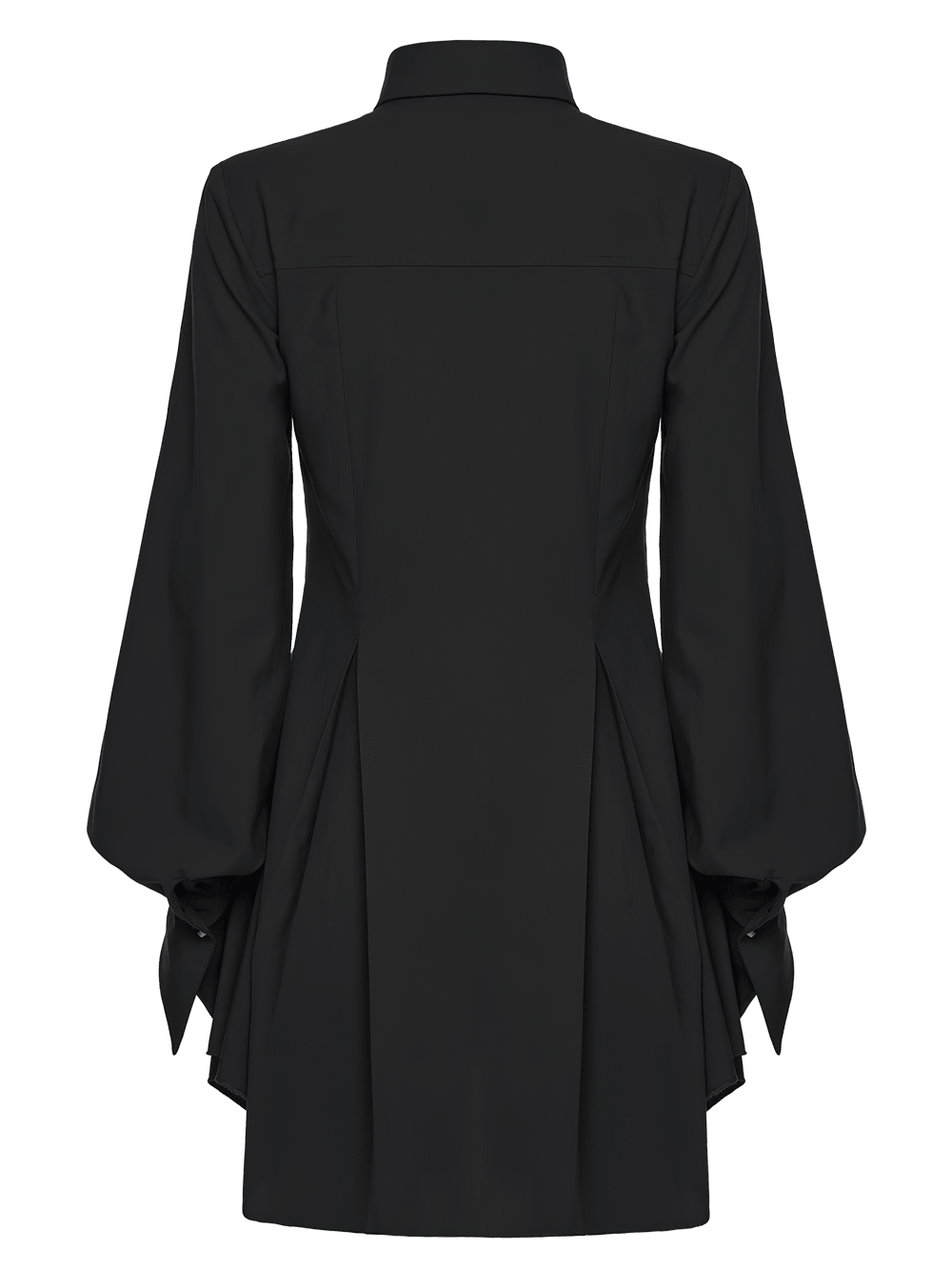 Alt Tag: Stylish Black Gothic Asymmetrical Punk Shirt-Dress back view with swallow-tail sleeves, long collar, and dramatic asymmetrical hem