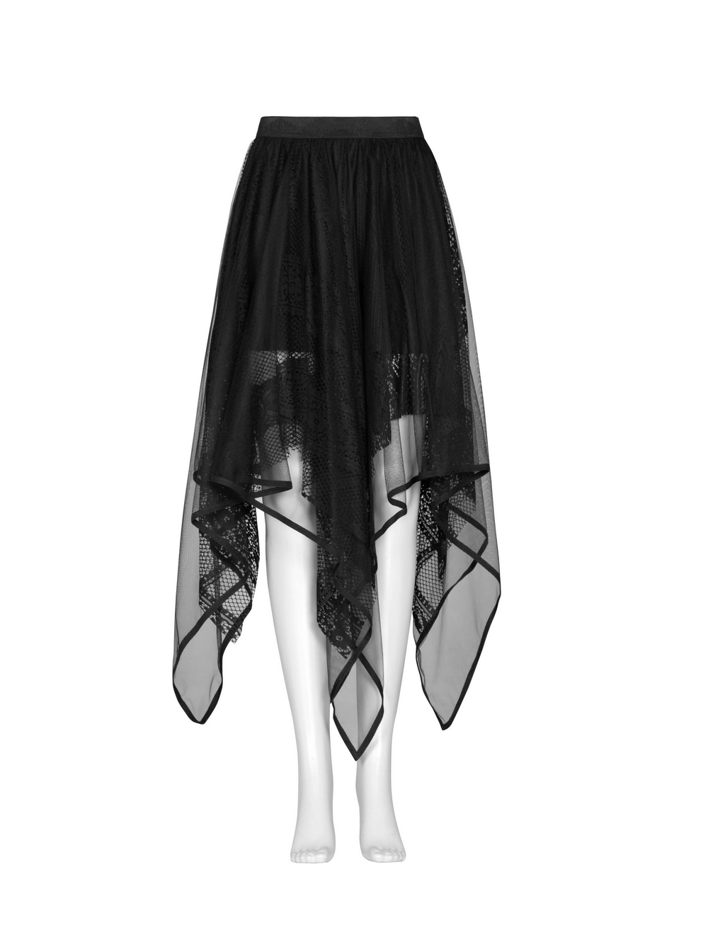Stylish black gothic layered mesh and lace skirt with asymmetrical hemline and intricate waistband detail.