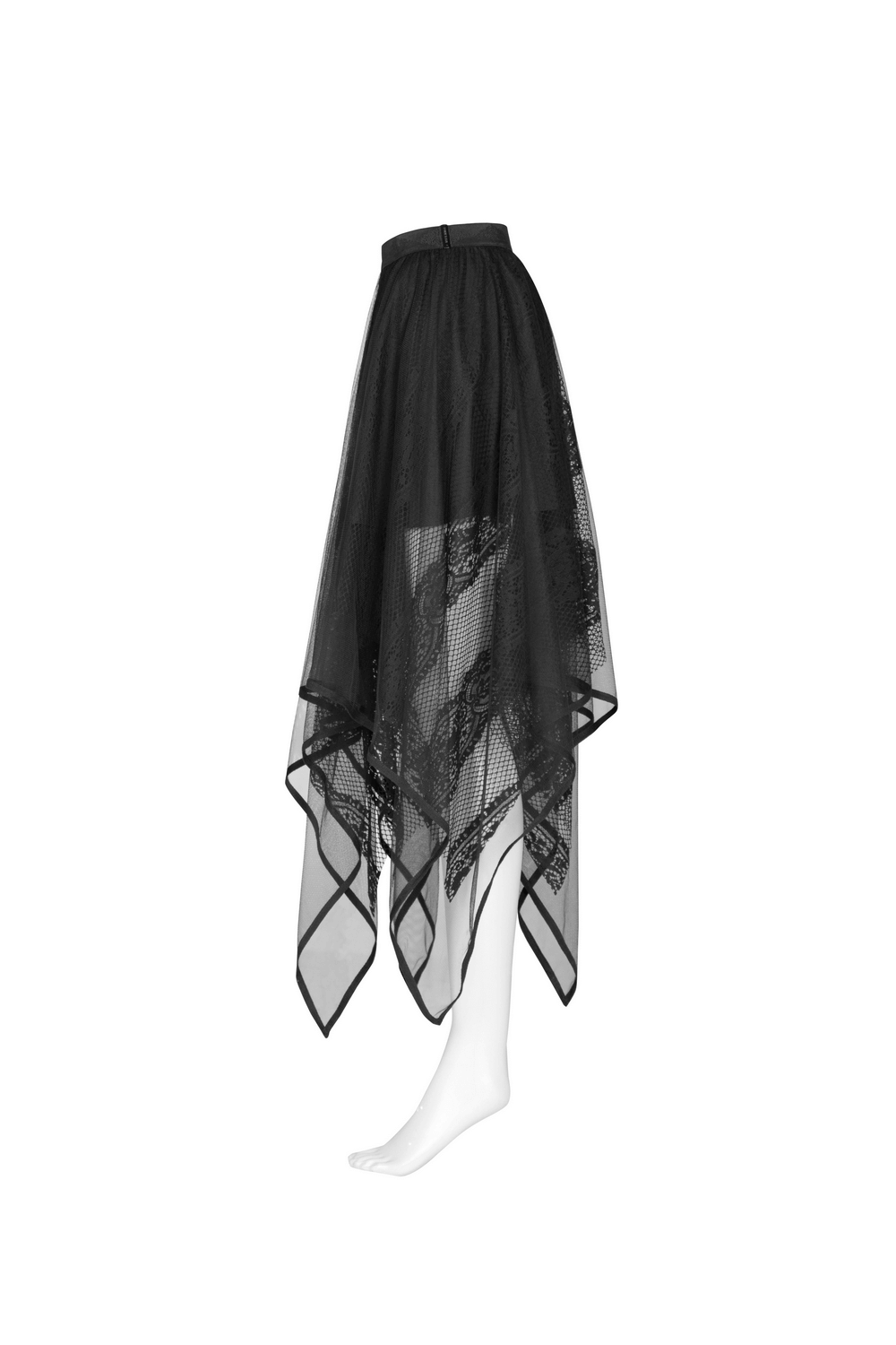 Stylish black gothic layered mesh and lace skirt with asymmetrical hem and intricate embroidery.