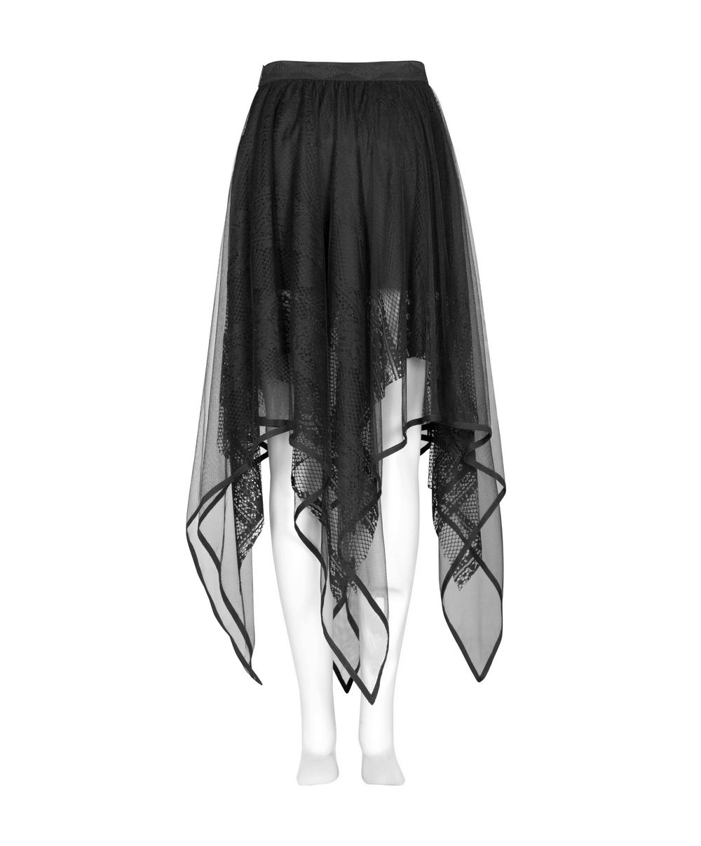 Stylish black gothic skirt featuring layered mesh, lace, and asymmetrical hemline for a unique look.