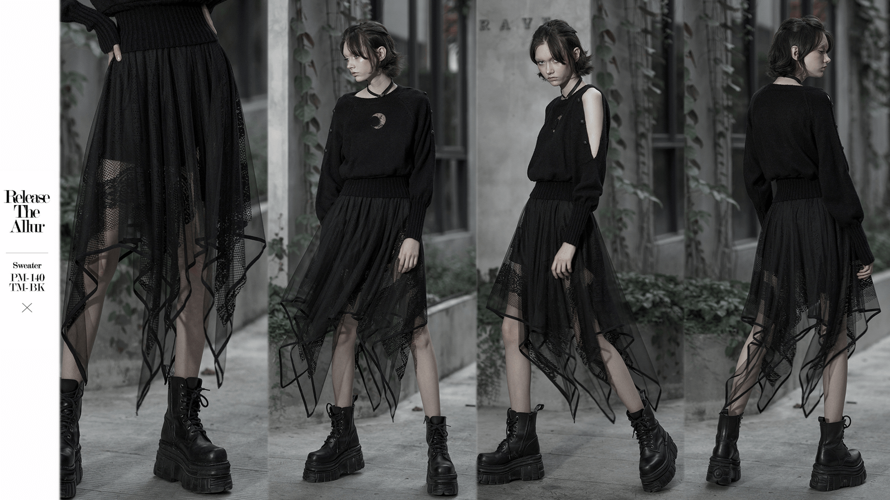 Stylish black gothic layered mesh and lace skirt featuring asymmetrical hem and ribbon trim.