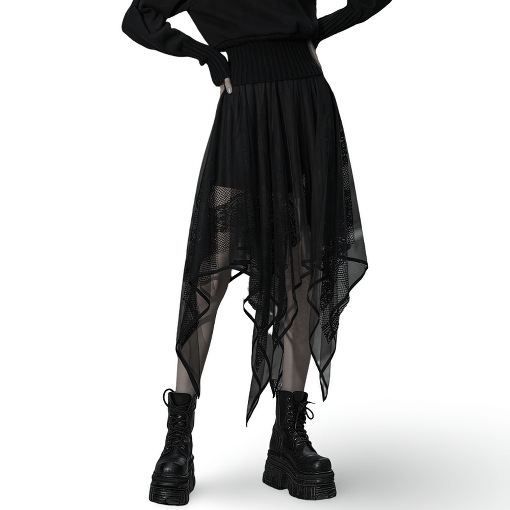 Stylish black gothic layered mesh and lace skirt with asymmetrical hemline and intricate embroidery details.