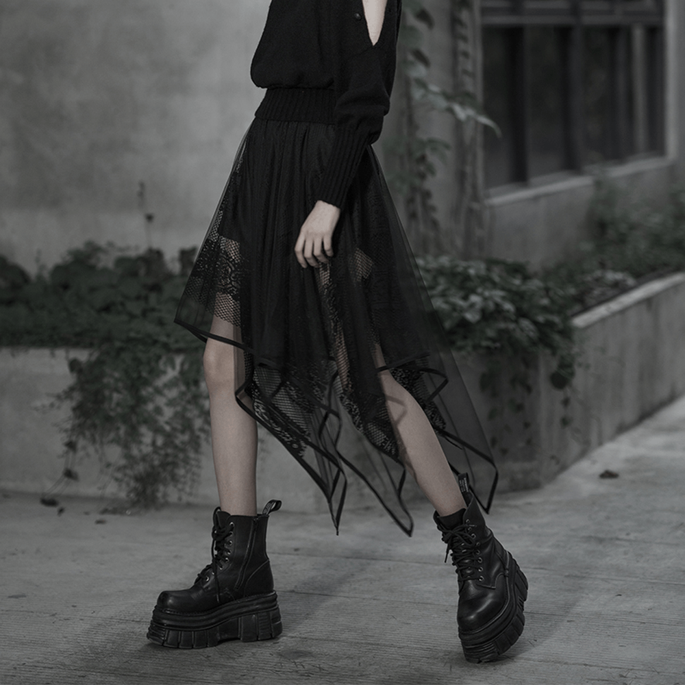 Stylish black gothic layered mesh and lace asymmetrical skirt with ribbon trim and unique tie boots.