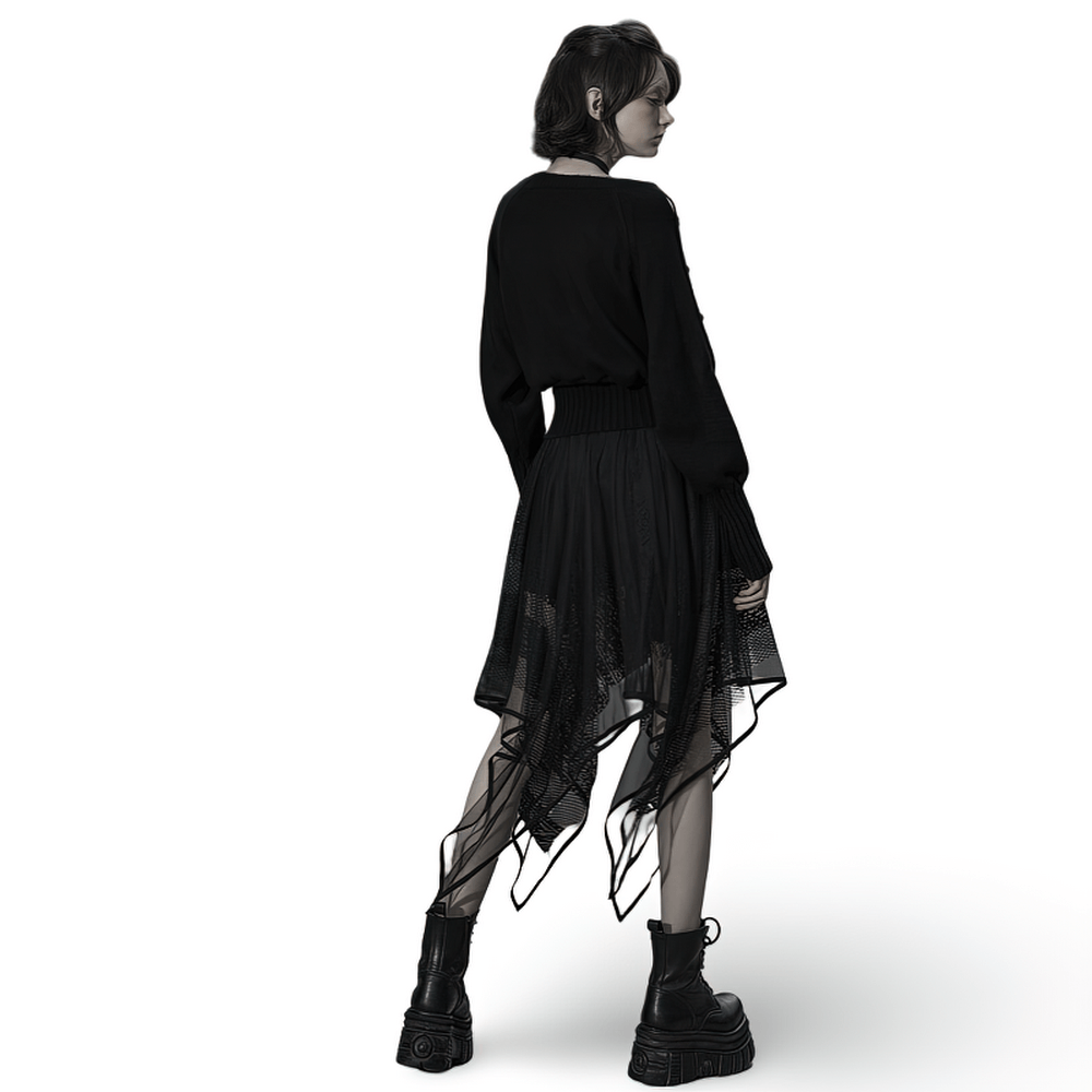 Stylish black gothic layered mesh and lace skirt with asymmetrical hemline, paired with a black top and chunky boots.