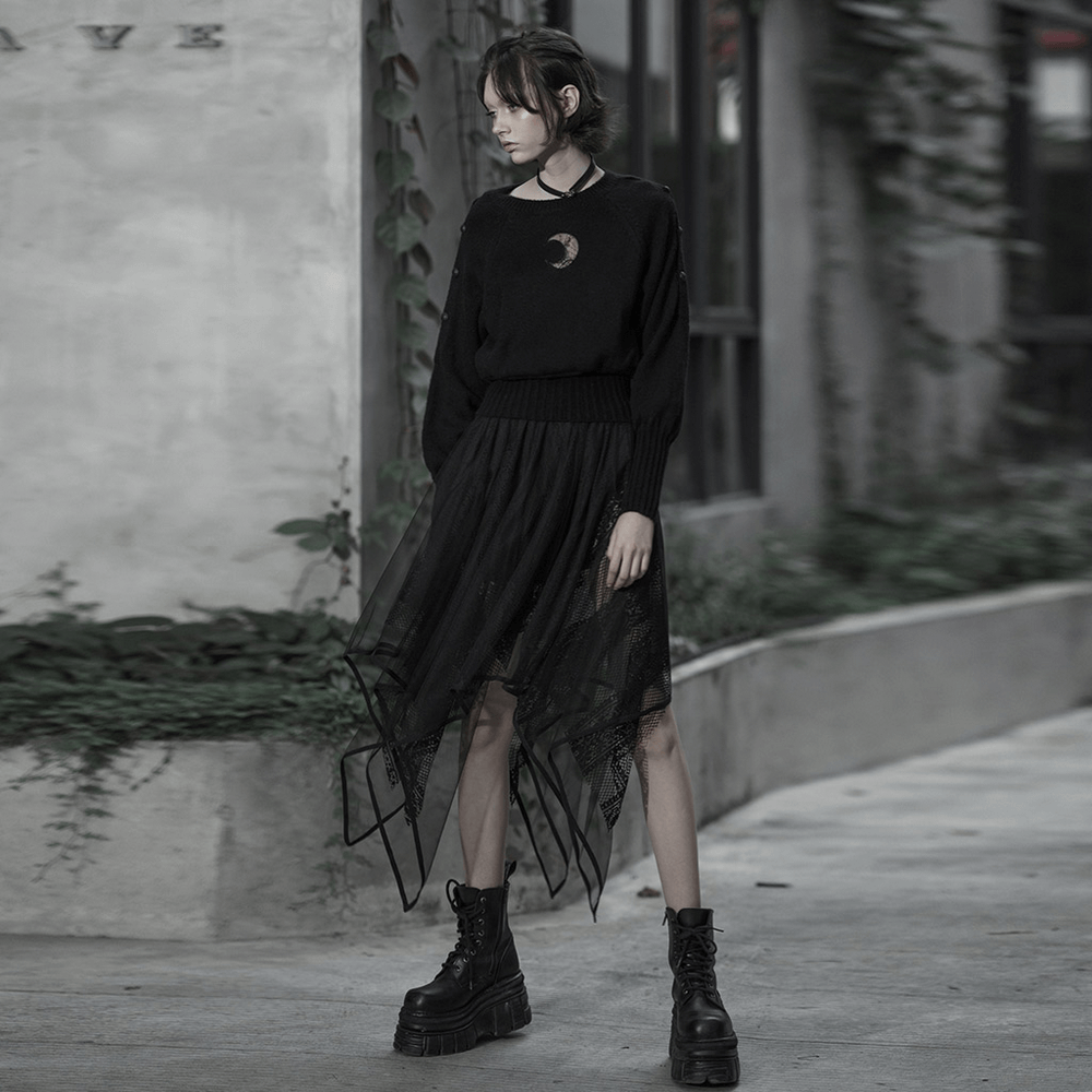 Stylish black gothic layered mesh and lace skirt with asymmetrical hem worn by a model in a chic outdoor setting.