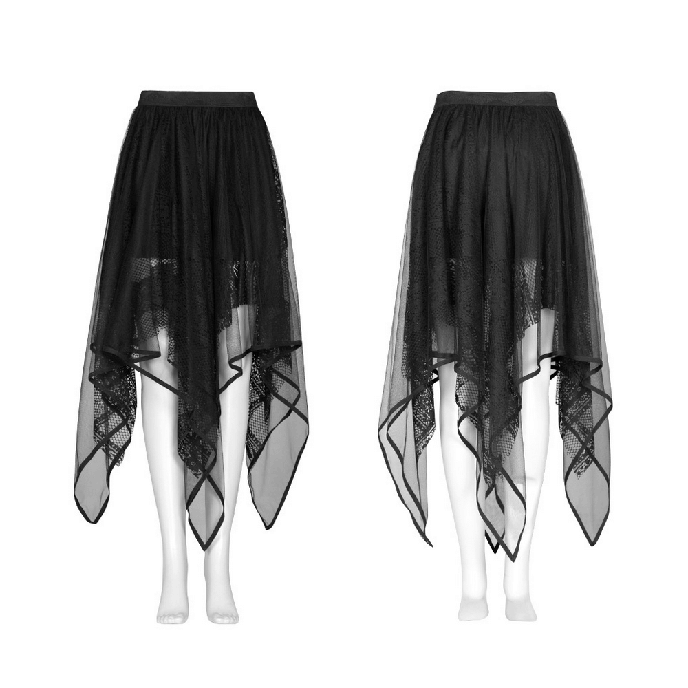Stylish black gothic layered mesh skirt with lace, featuring asymmetrical hem and ribbon trim for a striking look.