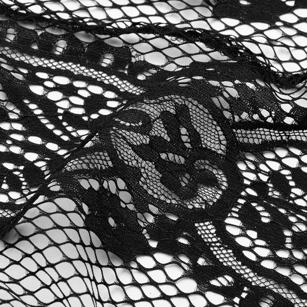 Close-up of black gothic mesh and lace fabric showcasing intricate floral embroidery and detailed patterns.