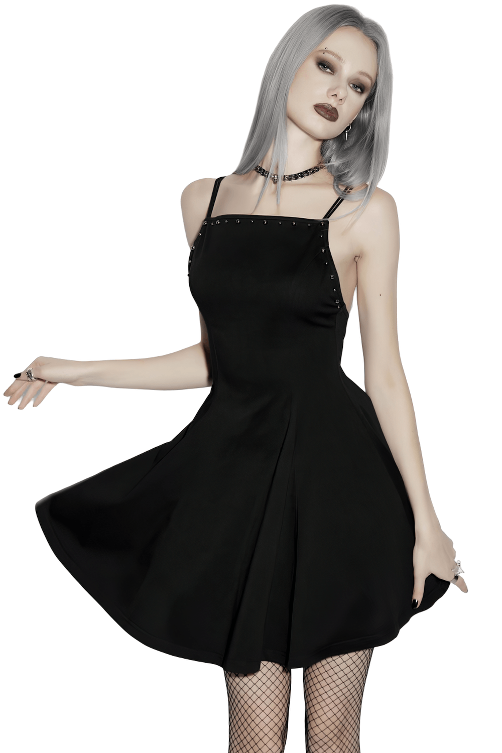 Alt Tag: Stylish Black Gothic Studded Strappy A-Line Mini Dress with square neck, slim straps and stud detail, paired with fishnet tights