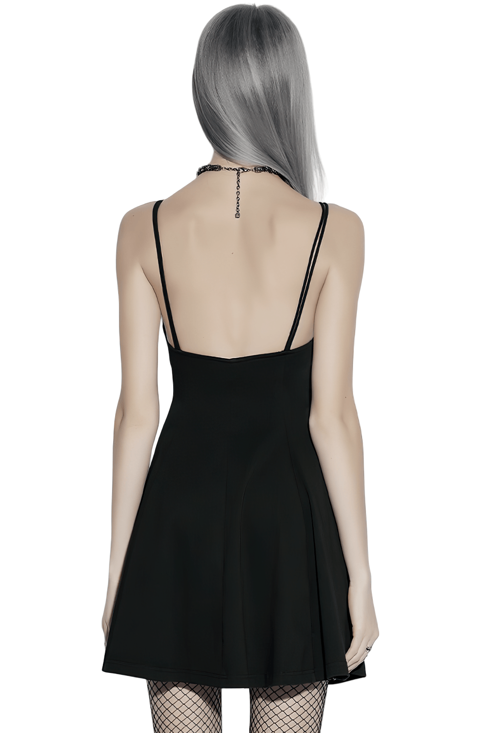 Alt Tag: Stylish Black Gothic Studded Strappy A-Line Mini Dress back view with square neck, slim straps, A-line mini skirt and edgy gothic vibes