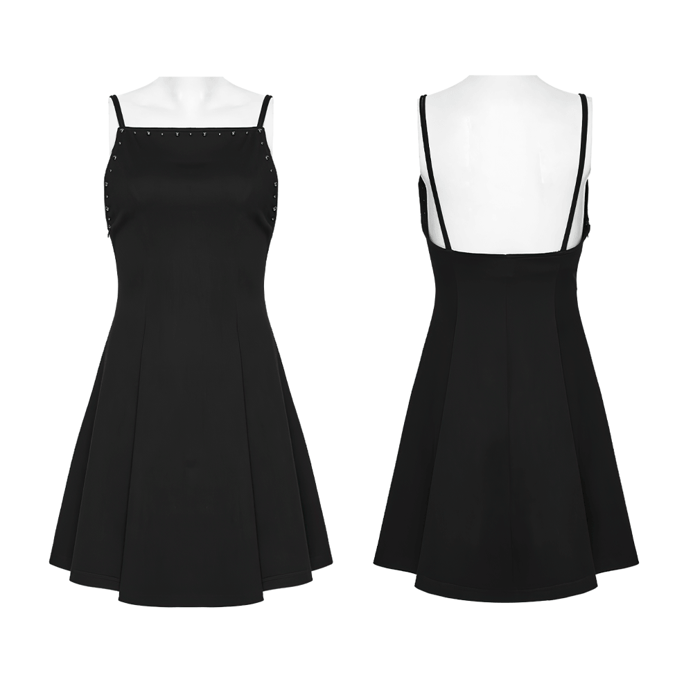Alt Tag: Stylish Black Gothic Studded Strappy A-Line Mini Dress front and back view, square neck, slim straps, metal stud trim, black A-line mini