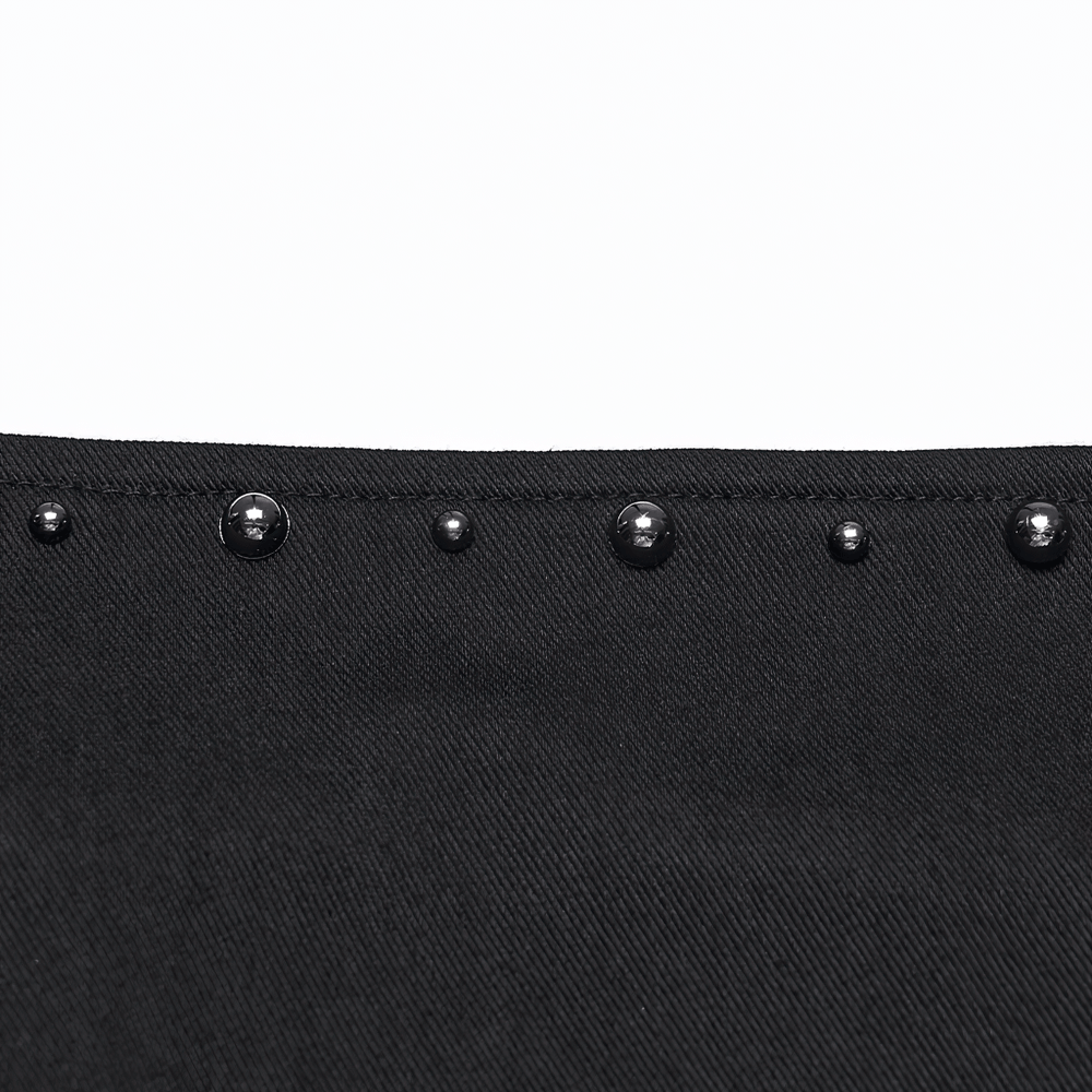 Alt Tag: Stylish Black Gothic Studded Strappy A-Line Mini Dress close-up of black washed denim fabric with metal stud trim