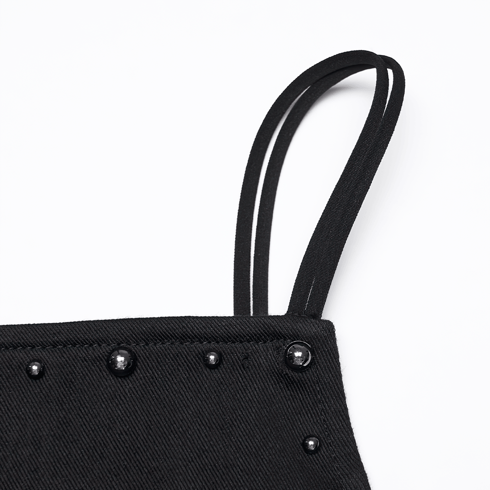 Alt Tag: Stylish Black Gothic Studded Strappy A-Line Mini Dress close-up of slim straps, square neckline edge, and metal stud detailing