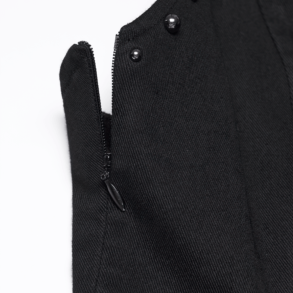 Alt Tag: Stylish Black Gothic Studded Strappy A-Line Mini Dress close-up of black washed knit denim fabric with zipper and metal stud details