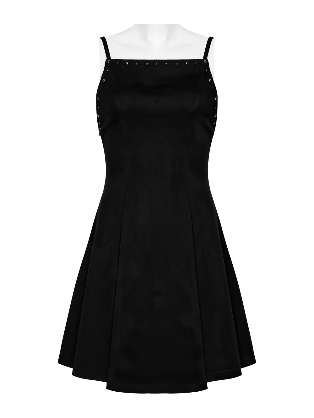 Alt Tag: Stylish Black Gothic Studded Strappy A-Line Mini Dress with square neck, slim straps, and subtle metal studs, front view